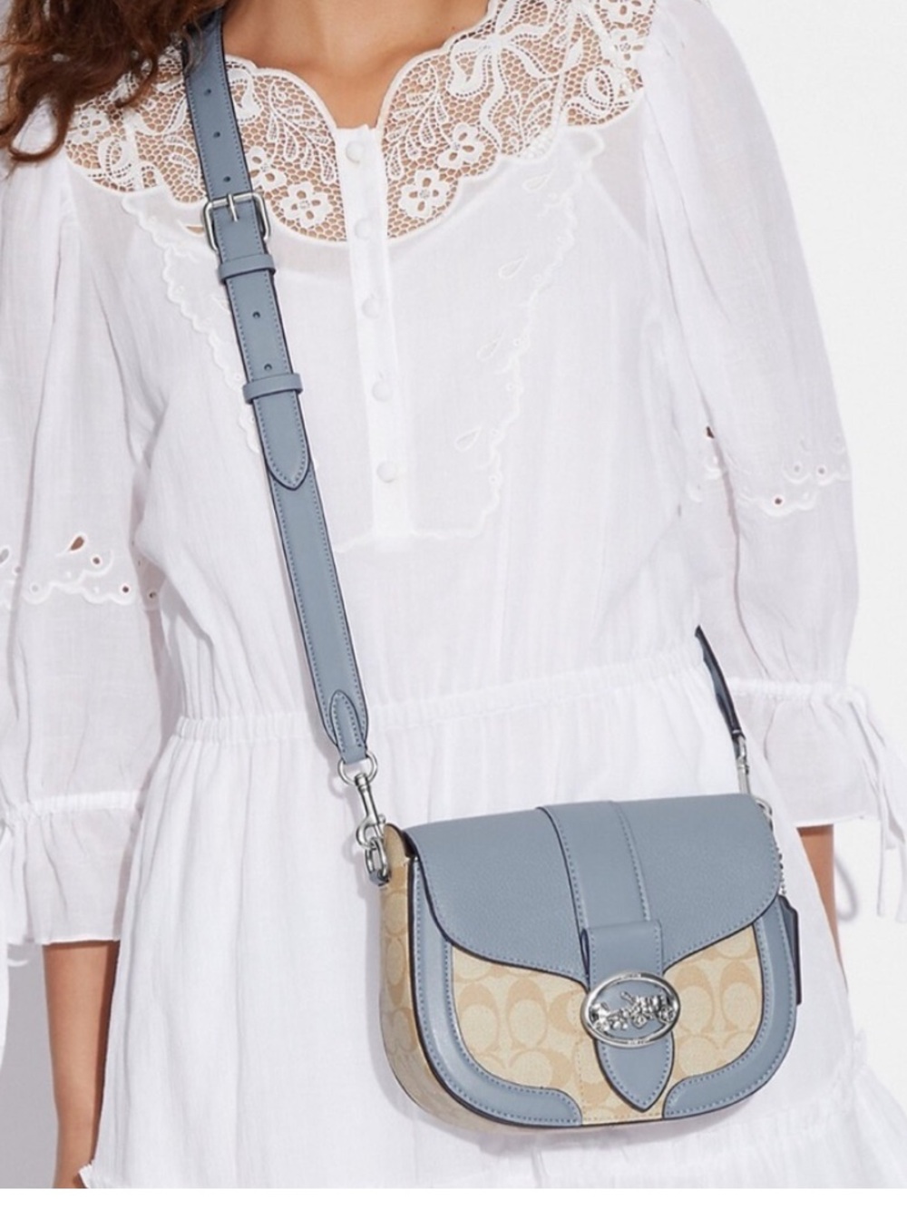 COACH Georgie Saddle Bag In Signat Canvas COLOR:
Silver/Light Khaki/Marble
Blue - Picture 2 of 16